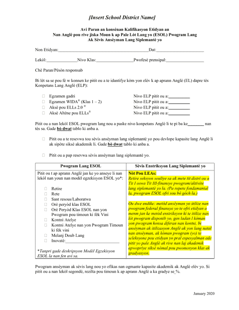 Parent Notification of Student Eligibility for El and Participation in federally Funded Language Programs - Georgia (United States) (Haitian Creole) Download Pdf