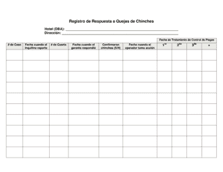 Document preview: Registro De Respuesta a Quejas De Chinches - City and County of San Francisco, California (Spanish)