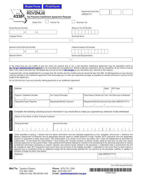 Form 4338 Tax Payment Installment Agreement Request - Missouri