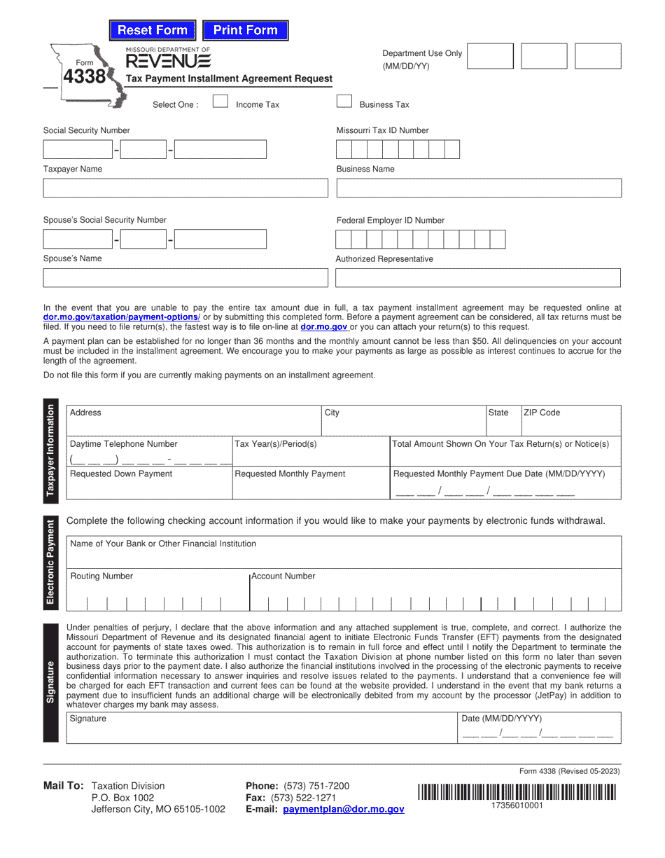 Form 4338 Tax Payment Installment Agreement Request - Missouri, Page 1