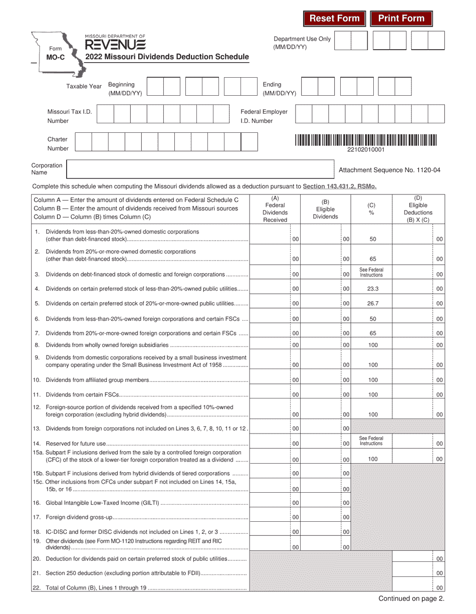 Form MO-C Missouri Dividends Deduction Schedule - Missouri, Page 1