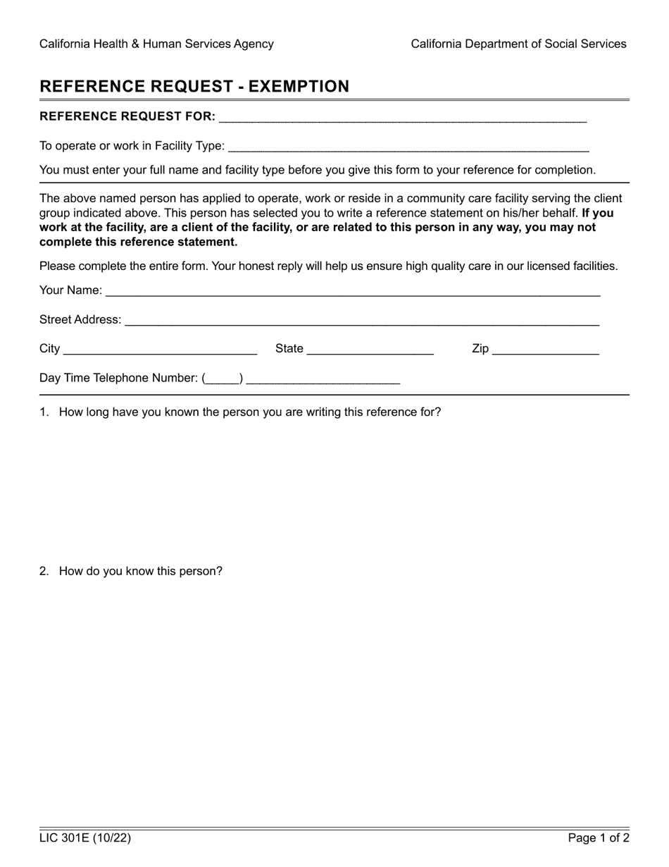 Form LIC301E Reference Request - Exemption - California, Page 1