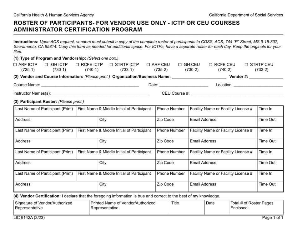 Form LIC9142A Download Fillable PDF or Fill Online Roster of