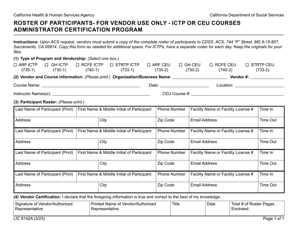 Form LIC9142A Roster of Participants - for Vendor Use Only - Ictp or Ceu Courses Administrator Certification Program - California, Page 1