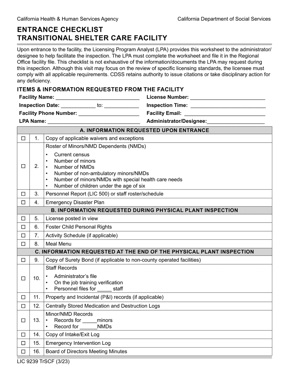 Form LIC9239 TRSCF Entrance Checklist - Transitional Shelter Care Facility - California, Page 1