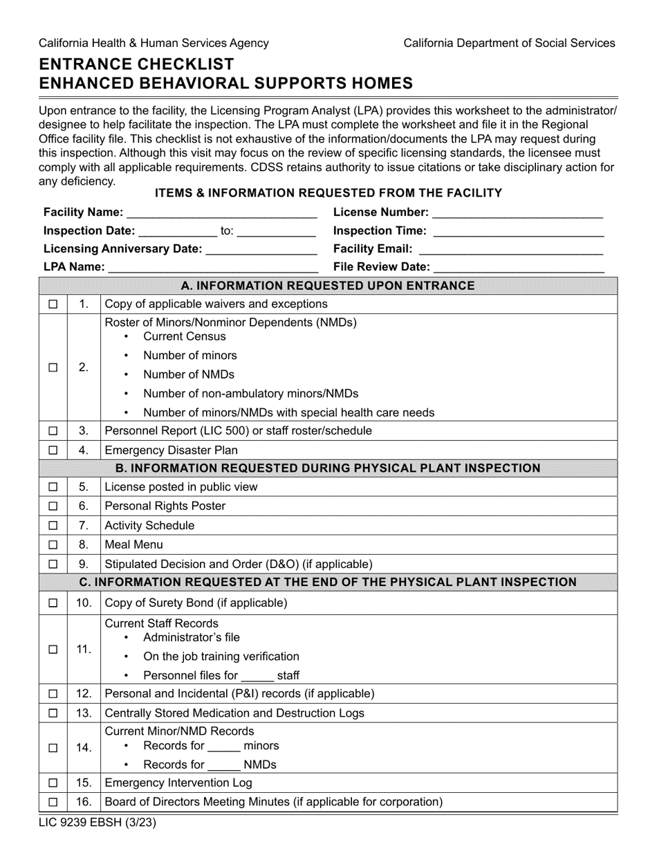 Form LIC9239 EBSH Entrance Checklist - Enhanced Behavioral Supports Homes - California, Page 1