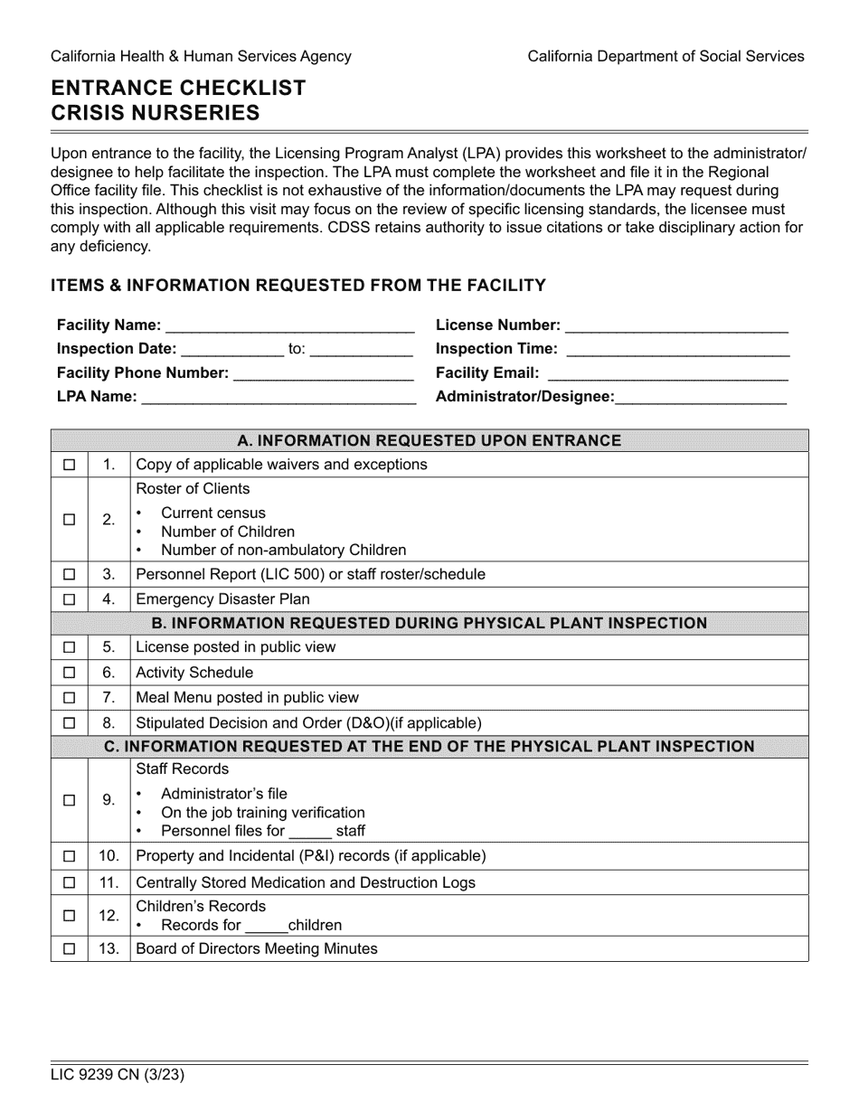 Form LIC9239 Entrance Checklist - Crisis Nurseries - California, Page 1