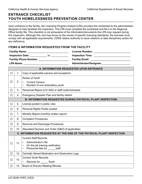 Form LIC9239 YHPC Entrance Checklist - Youth Homelessness Prevention Center - California