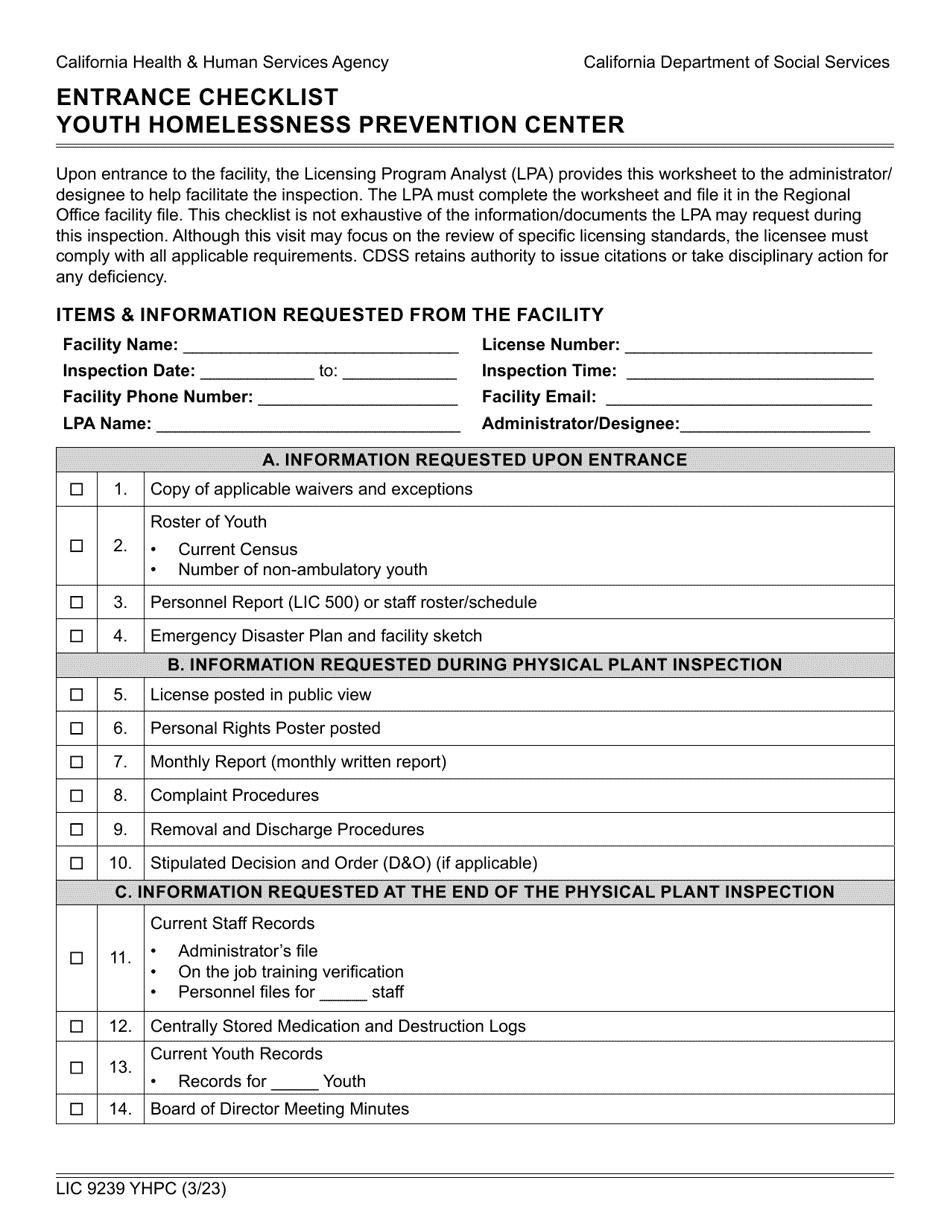 Form LIC9239 YHPC Entrance Checklist - Youth Homelessness Prevention Center - California, Page 1