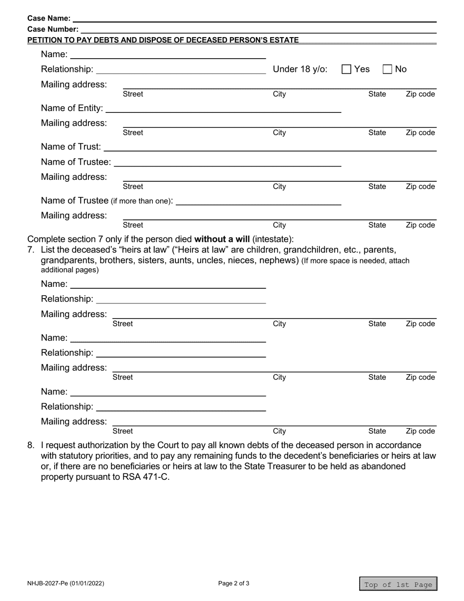 Form NHJB-2027-PE Petition of Guardian to Pay Debts and Dispose of Deceased Persons Estate - New Hampshire, Page 2