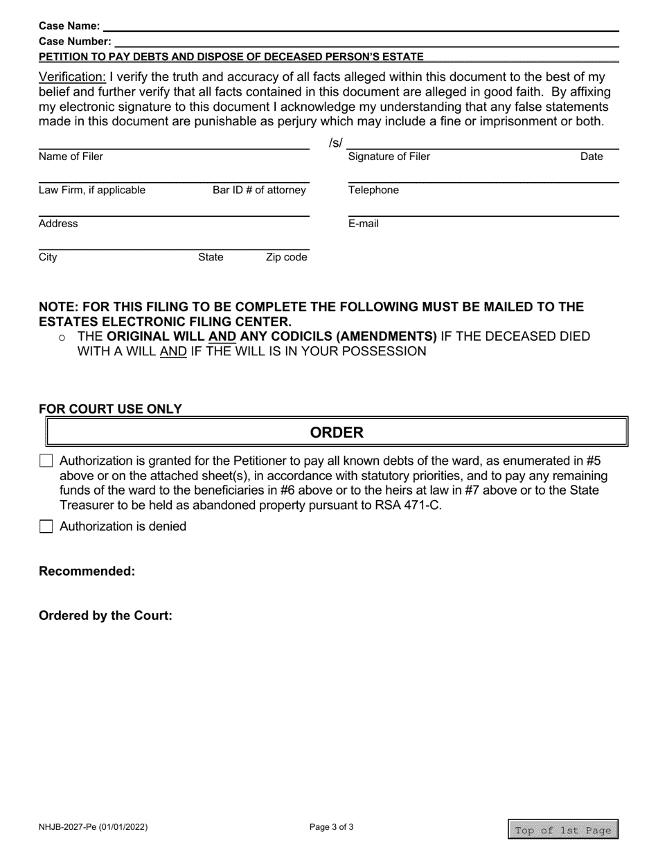 Form NHJB-2027-PE Petition of Guardian to Pay Debts and Dispose of Deceased Persons Estate - New Hampshire, Page 3
