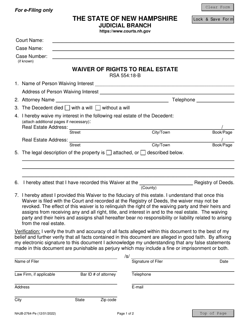 Form NHJB-2764-PE Waiver of Rights to Real Estate - New Hampshire, Page 1