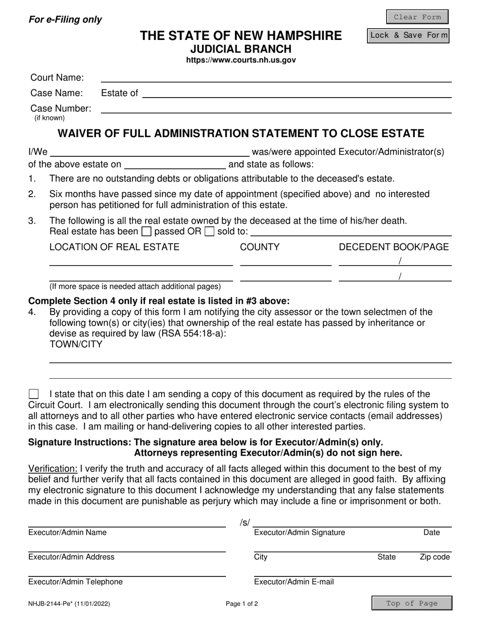 Form NHJB-2144-PE Waiver of Full Administration Statement to Close Estate - New Hampshire, Page 1