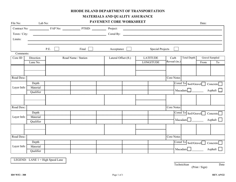 Form 388 Wf2 - Pavement Core Worksheet - Rhode Island