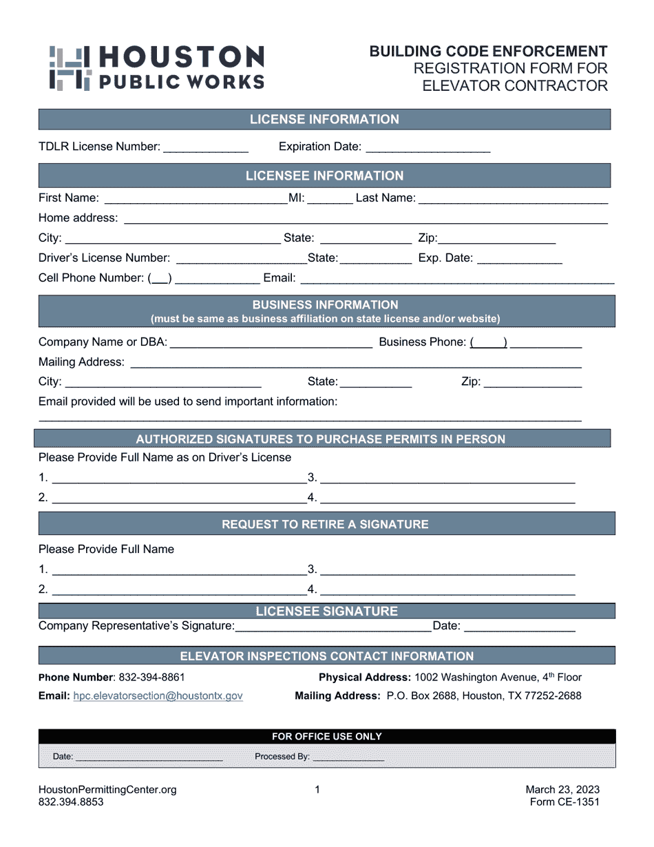 Form CE-1351 Registration Form for Elevator Contractor - City of Houston, Texas, Page 1