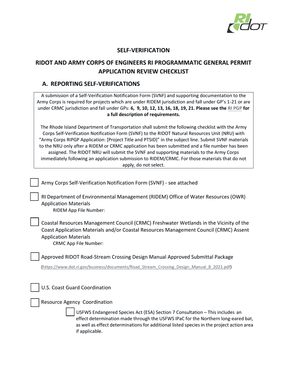 Self-verification - Ridot and Army Corps of Engineers Ri Programmatic General Permit Application Review Checklist - Rhode Island, Page 1