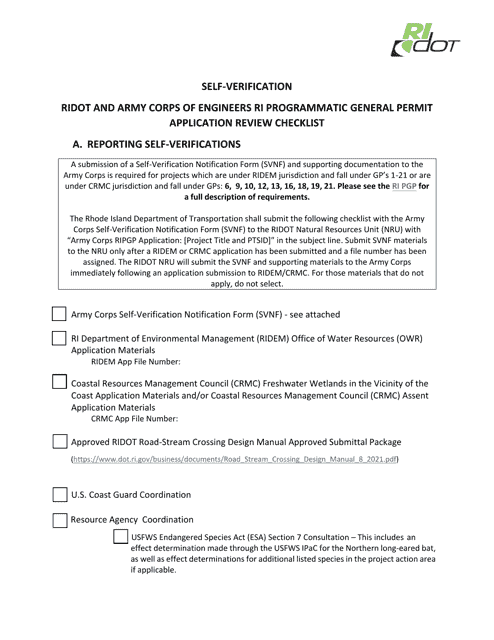 Self-verification - Ridot and Army Corps of Engineers Ri Programmatic General Permit Application Review Checklist - Rhode Island Download Pdf