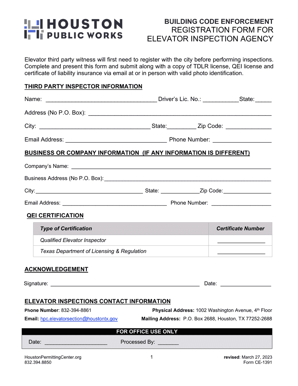 Form CE-1391 Registration Form for Elevator Inspection Agency - City of Houston, Texas, Page 1