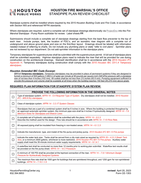 Form CE-1353 Houston Fire Marshal's Office Standpipe Plan Review Checklist - City of Houston, Texas