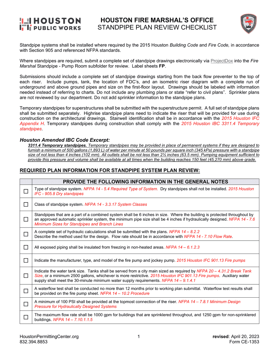 Form CE-1353 Houston Fire Marshals Office Standpipe Plan Review Checklist - City of Houston, Texas, Page 1