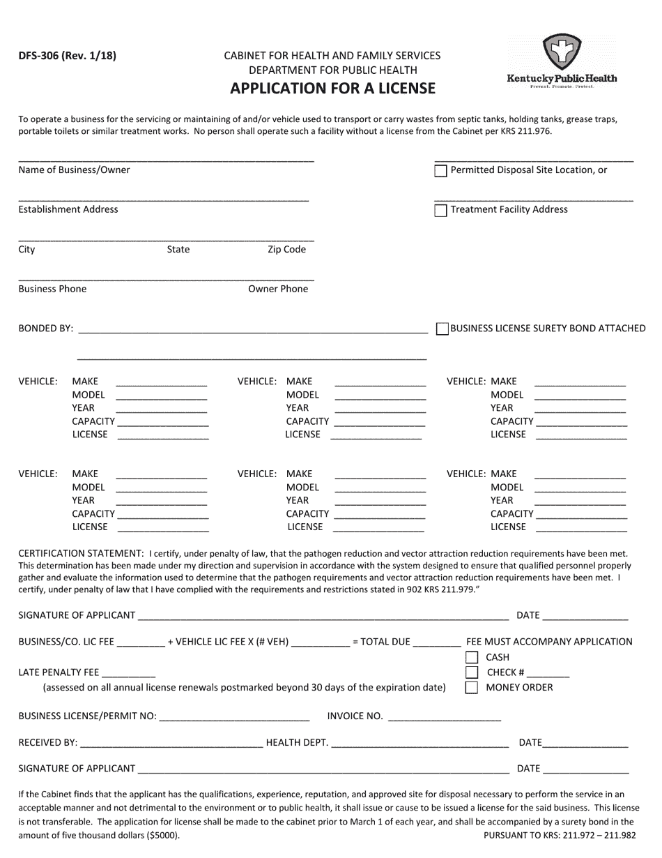Form DFS-306 Application for a License - Kentucky, Page 1
