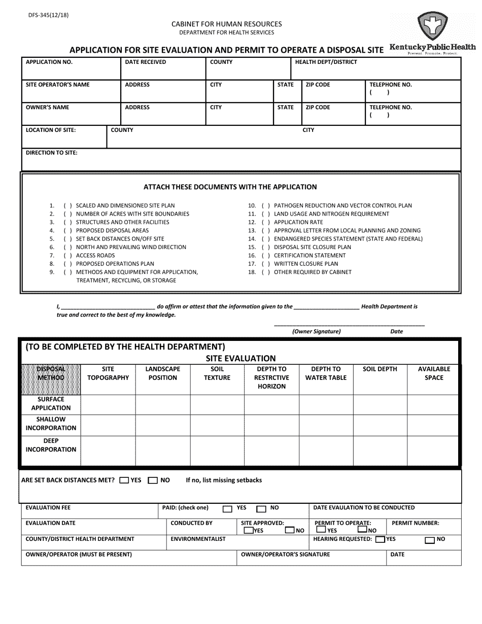 Form DFS-345 Application for Site Evaluation and Permit to Operate a Disposal Site - Kentucky, Page 1