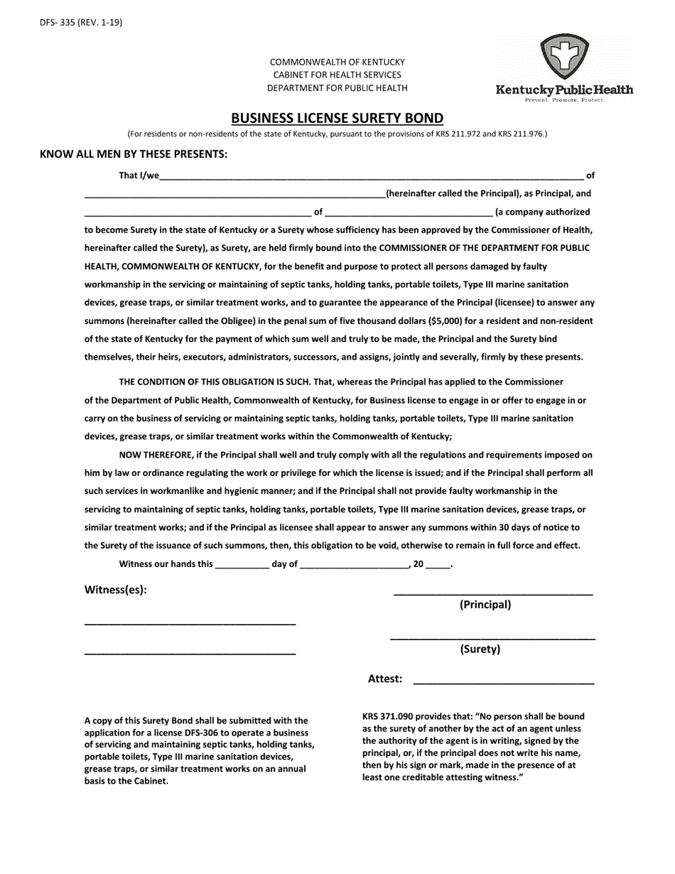 Form DFS-335 Business License Surety Bond - Kentucky, Page 1