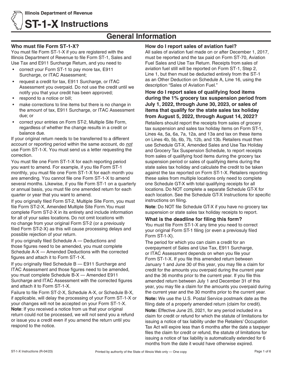 Instructions for Form ST-1-X, 003 Amended Sales and Use Tax and E911 Surcharge Return - Illinois, Page 1