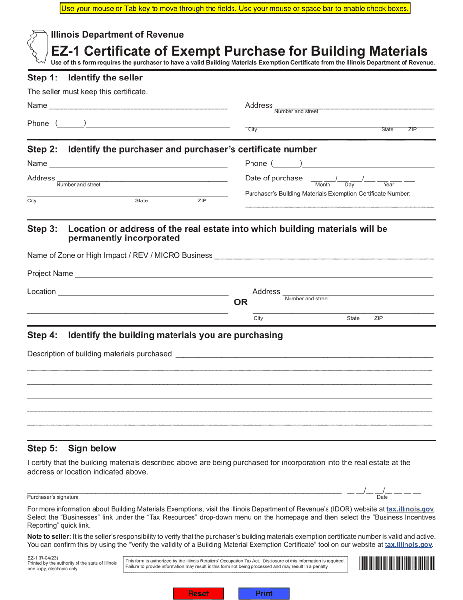 Form EZ-1 Certificate of Exempt Purchase for Building Materials - Illinois, Page 1