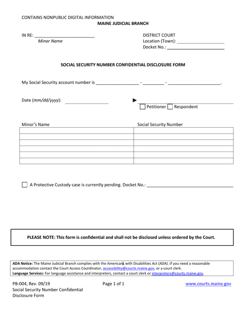 Form PB-004 Social Security Number Confidential Disclosure Form - Maine