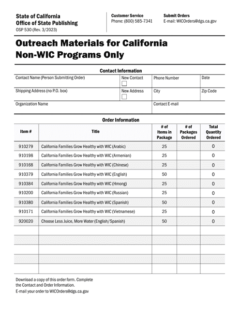 Form OSP530 Outreach Materials for California Non-wic Programs Only - California