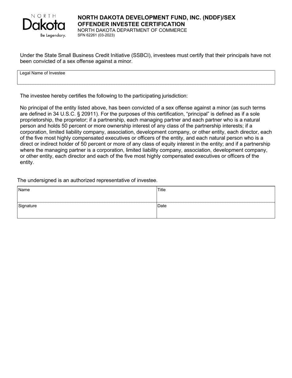 Form SFN62261 North Dakota Development Fund, Inc. (Nddf) / Sex Offender Investee Certification - North Dakota, Page 1