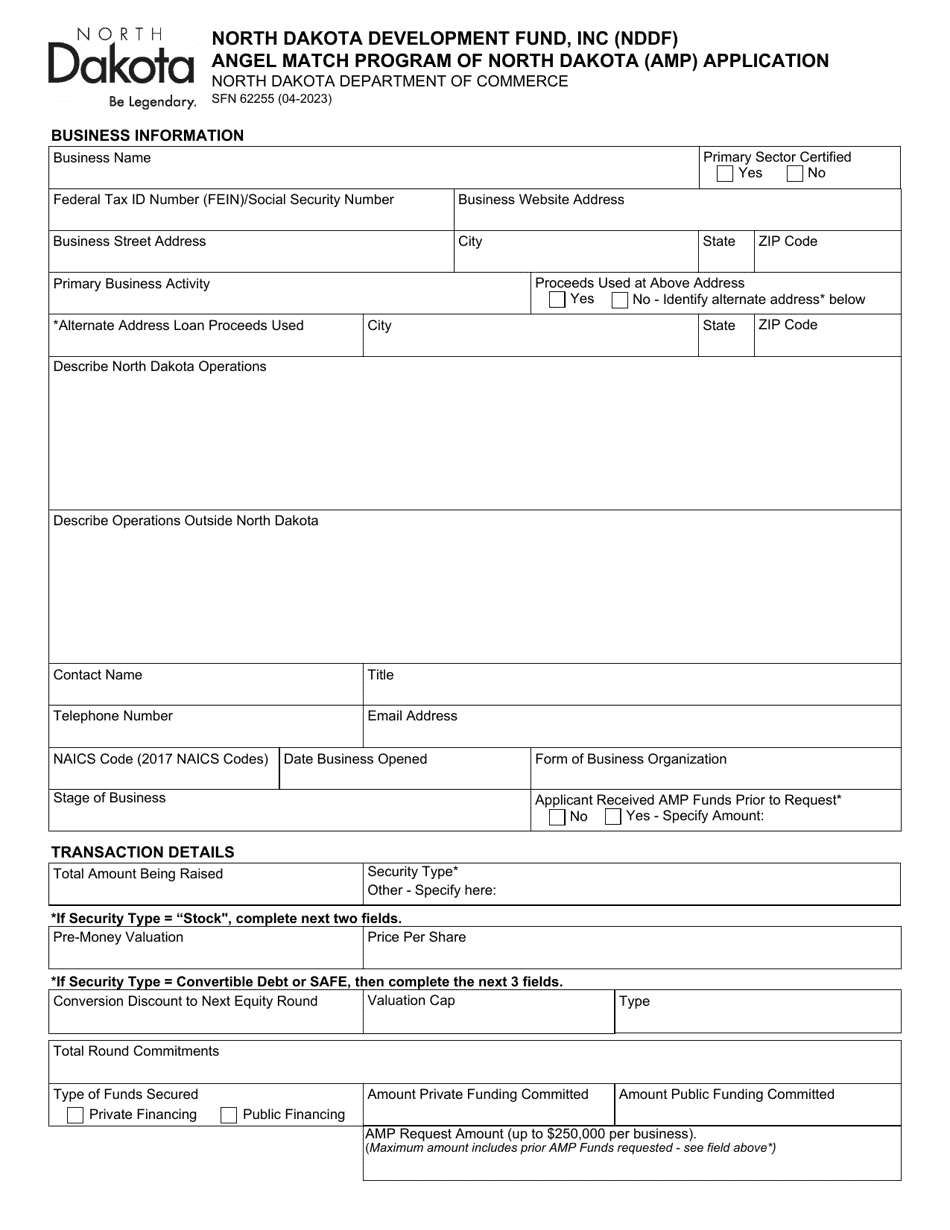 Form SFN62255 North Dakota Development Fund, Inc (Nddf) Angel Match Program of North Dakota (Amp) Application - North Dakota, Page 1