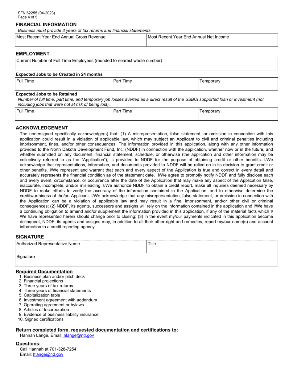 Form SFN62255 North Dakota Development Fund, Inc (Nddf) Angel Match Program of North Dakota (Amp) Application - North Dakota, Page 4