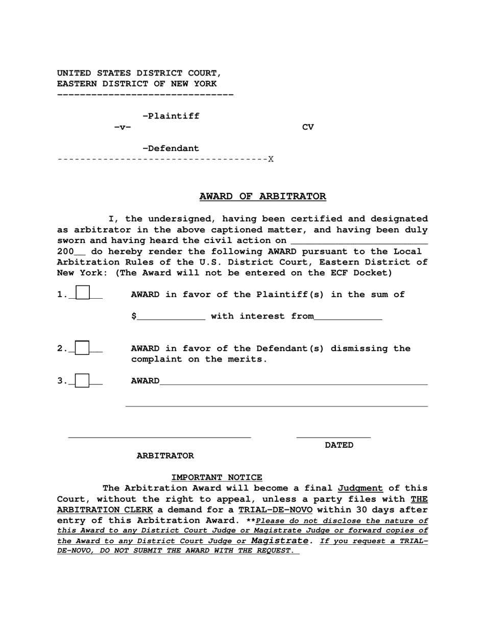 Award of Arbitrator - New York, Page 1