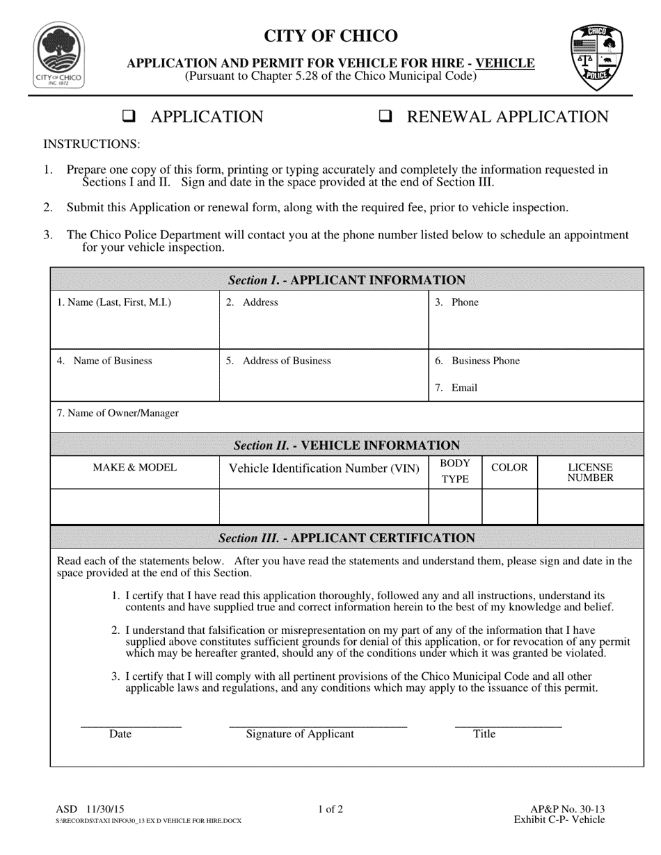 Exhibit C-P Application and Permit for Vehicle for Hire - Vehicle - City of Chico, California, Page 1