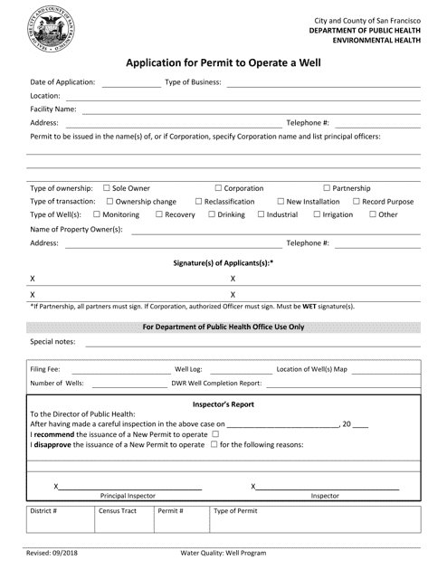 Application for Permit to Operate a Well - City and County of San Francisco, California