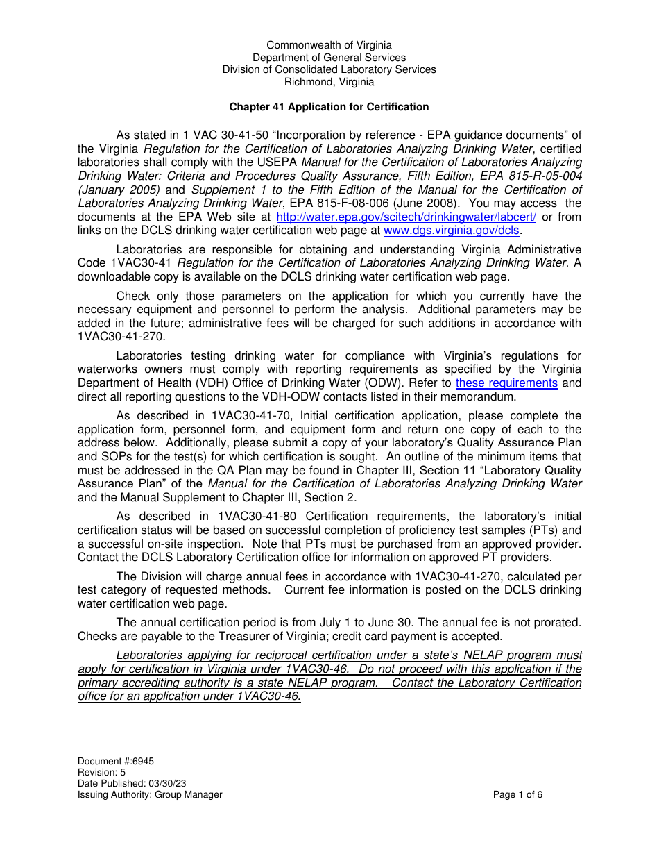Form 6945 Application for Virginia Certification Safe Drinking Water Program - Virginia, Page 1