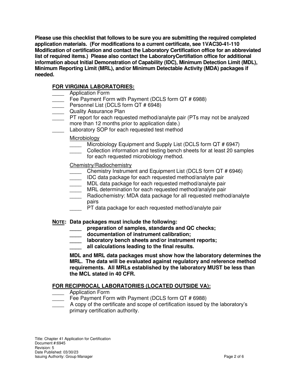 Form 6945 Application for Virginia Certification Safe Drinking Water Program - Virginia, Page 2