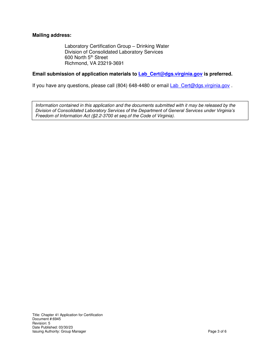 Form 6945 Application for Virginia Certification Safe Drinking Water Program - Virginia, Page 3