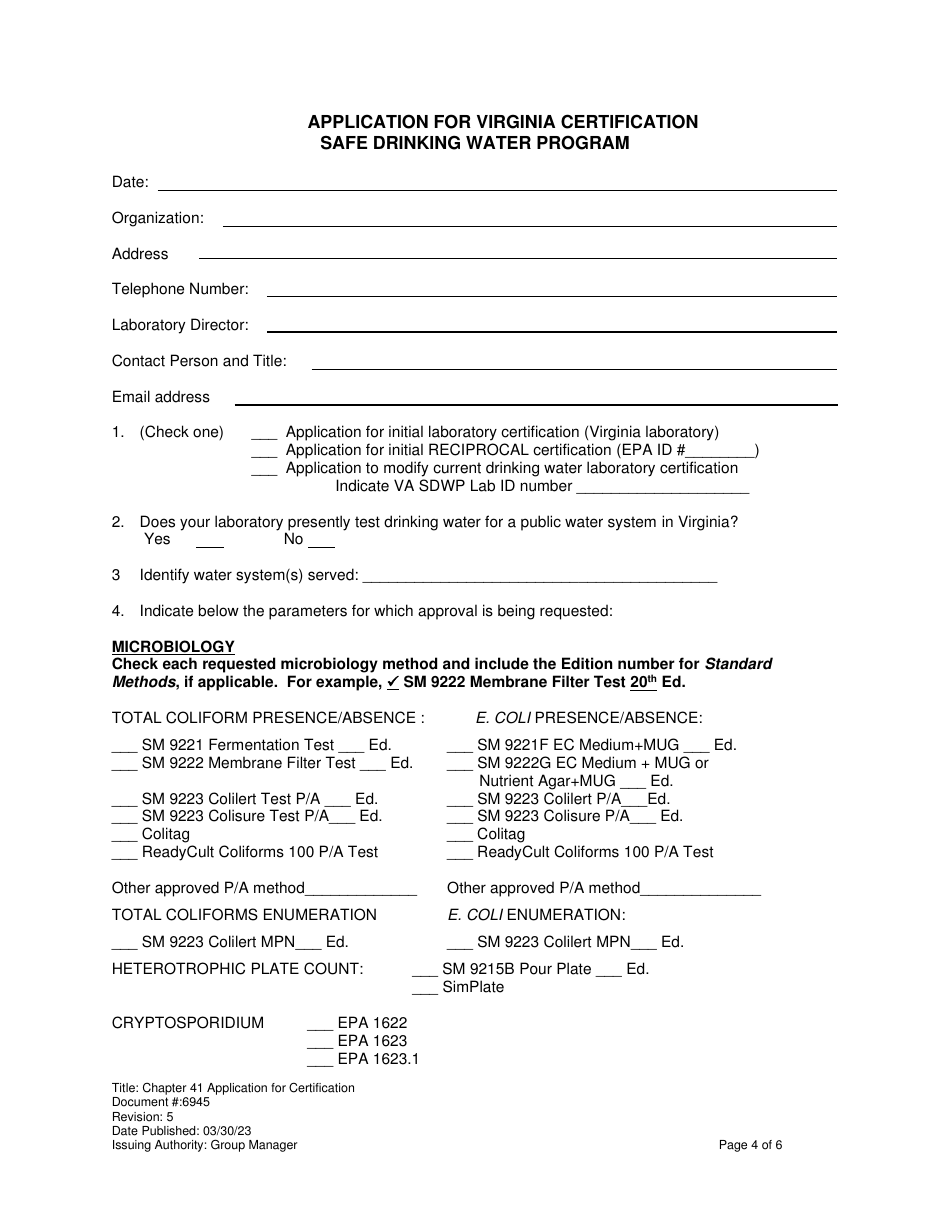 Form 6945 Application for Virginia Certification Safe Drinking Water Program - Virginia, Page 4