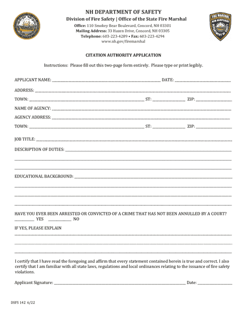 Form DSFS142 Citation Authority Application - New Hampshire