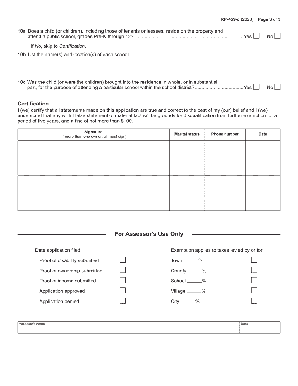 Form RP-459-C Application for Partial Tax Exemption for Real Property of Persons With Disabilities and Limited Incomes - New York, Page 3