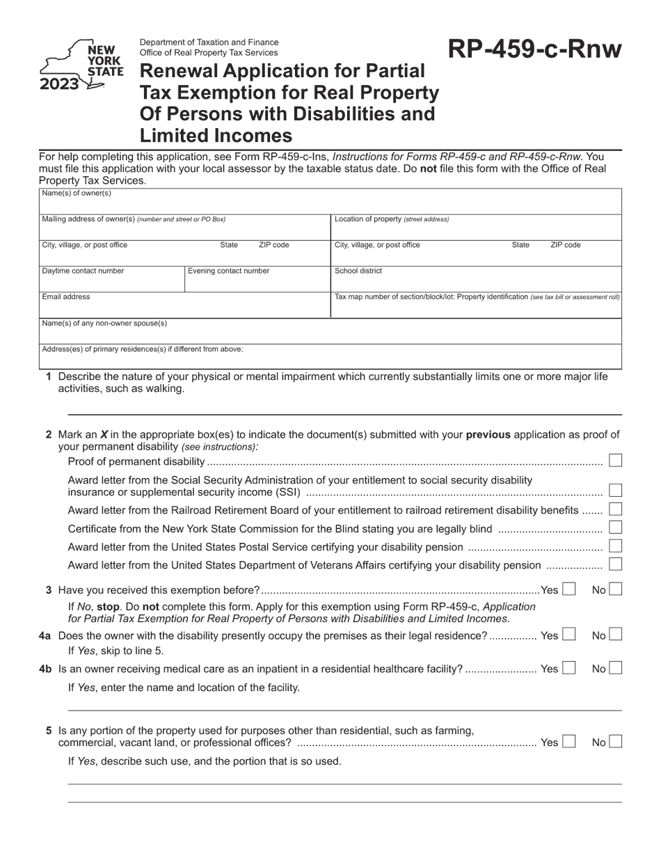 Form RP-459-C-RNW Renewal Application for Partial Tax Exemption for Real Property of Persons With Disabilities and Limited Incomes - New York, Page 1