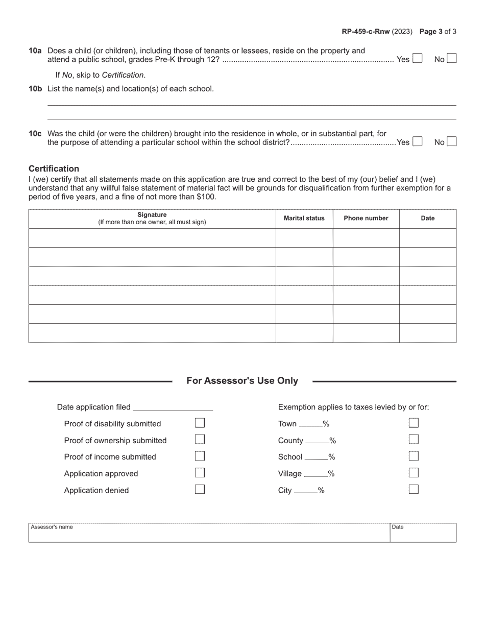 Form RP-459-C-RNW Renewal Application for Partial Tax Exemption for Real Property of Persons With Disabilities and Limited Incomes - New York, Page 3