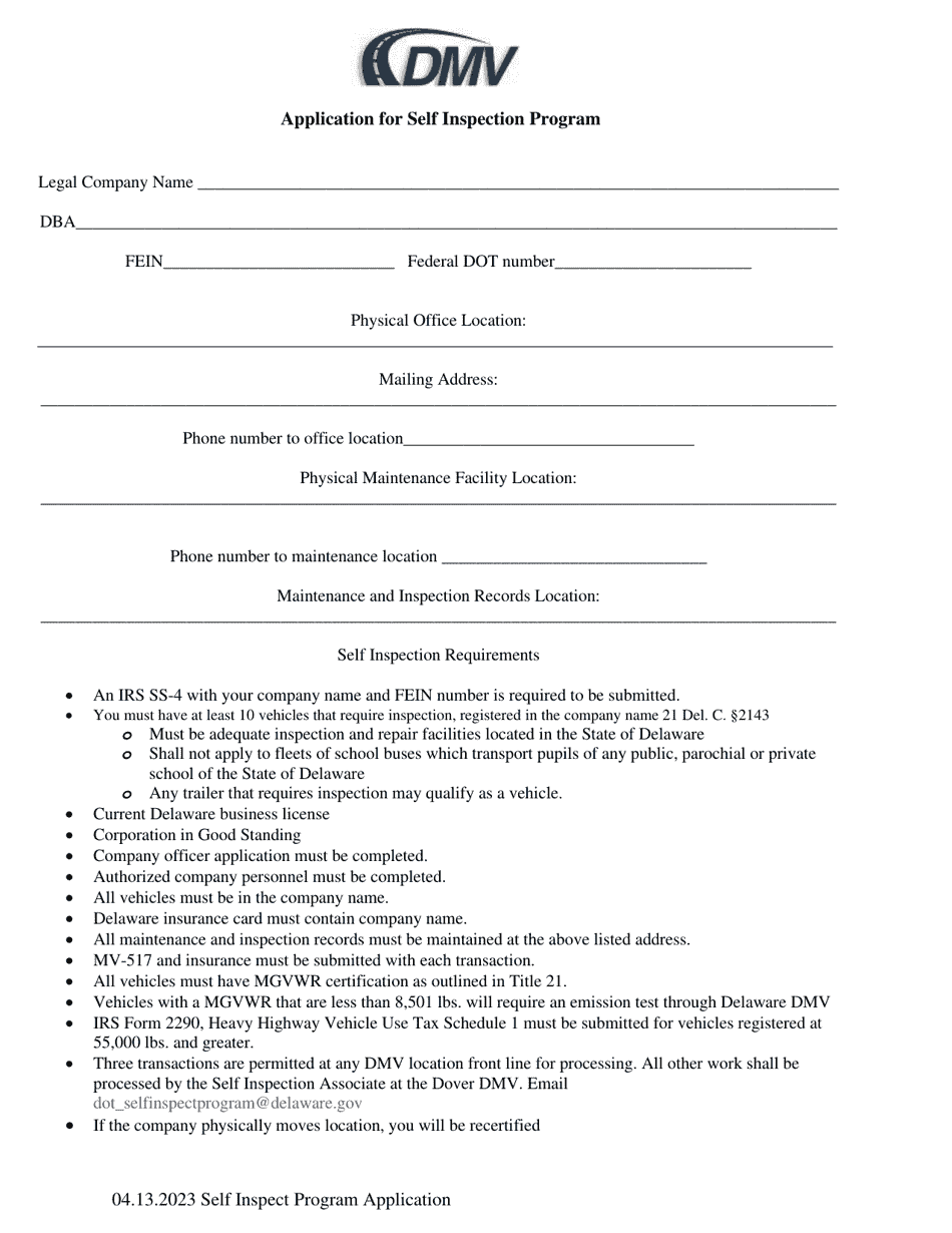 Application for Self Inspection Program - Delaware, Page 1