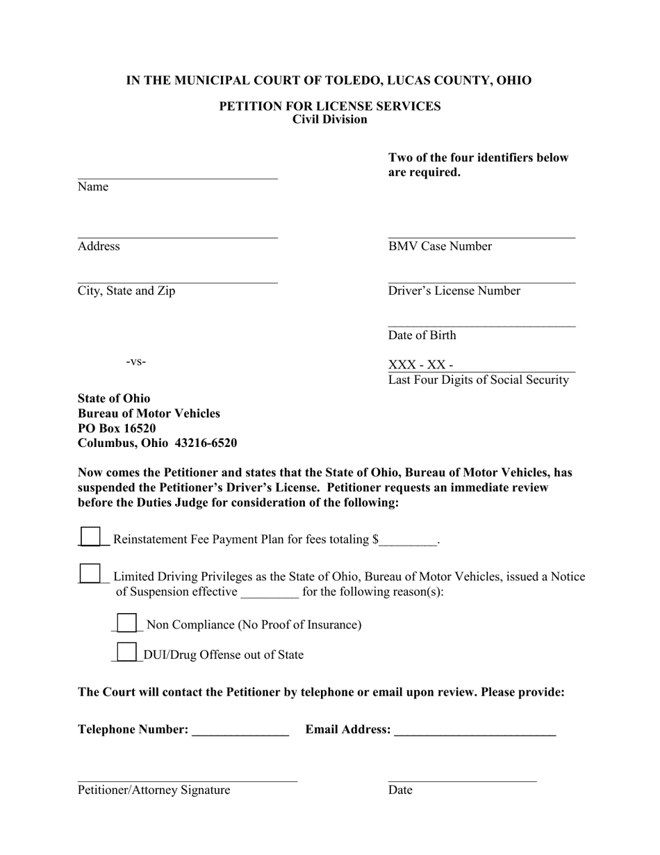 Petition for License Services - City of Toledo, Ohio, Page 1