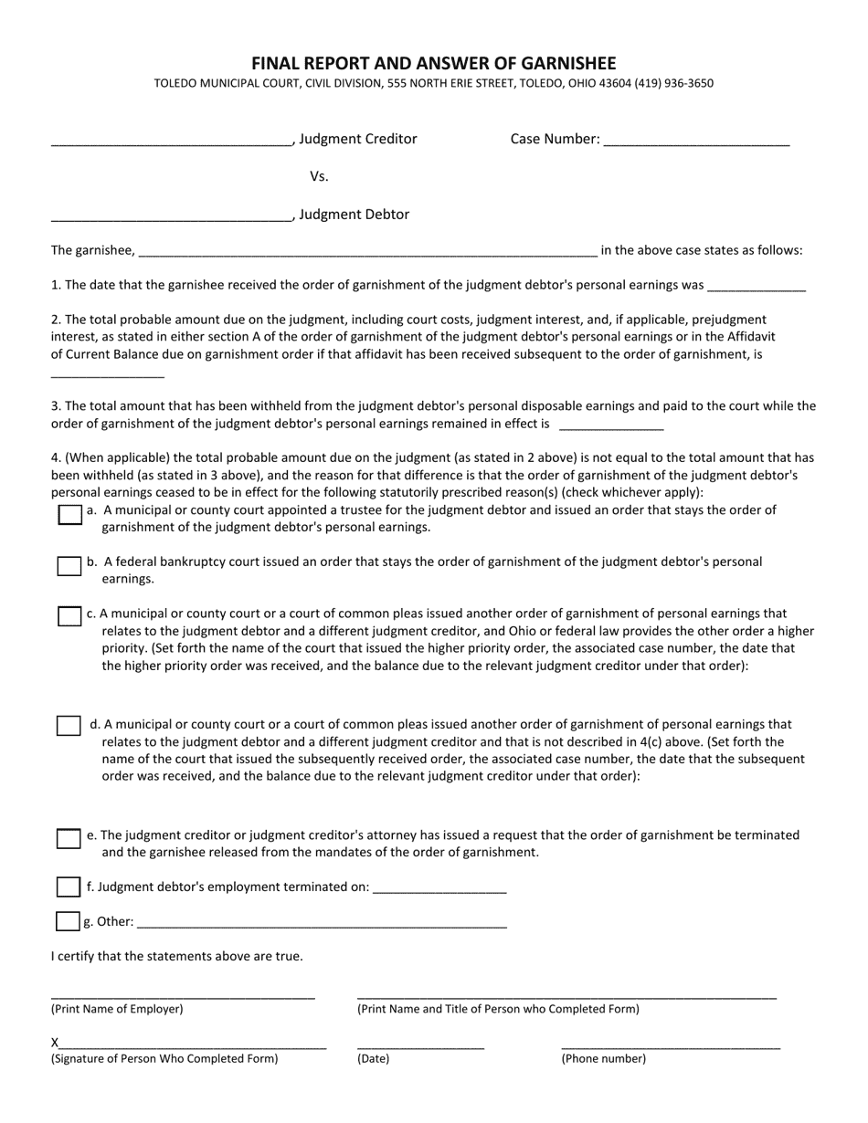 City of Toledo, Ohio Final Report and Answer of Garnishee Fill Out