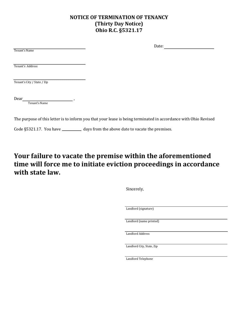 City of Toledo Ohio Notice of Termination of Tenancy (Thirty Day City of Toledo Ohio Notice of Termination of Tenancy (Thirty Day