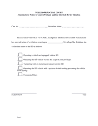 Document preview: Form 5 Manufacturer Notice to Court of Alleged Ignition Interlock Device Violation - City of Toledo, Ohio